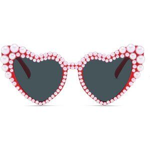 🆕Women Red Love Heart Pearl Sunglasses Rhinestone Bachelorette Sunglasses